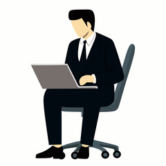 Businessman working on laptop vector illustration. Office Worker, Busy Business Man Working on Laptop Sitting at Table Workplace Thinking of Task. Working place at the table with a laptop. employees.
