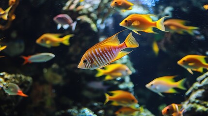 Fototapeta premium A school of tropical fish swimming in crystal-clear water