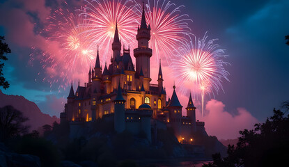 Fototapeta premium Majestic Castle with Fireworks in the Night Sky: A grand medieval castle illuminated by colorful fireworks exploding in the starry night sky. The castle towers stand tall with glowing windows.