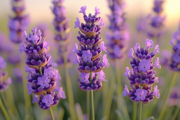 Obraz premium Three Lavender Flowers Basking In Golden Sunlight