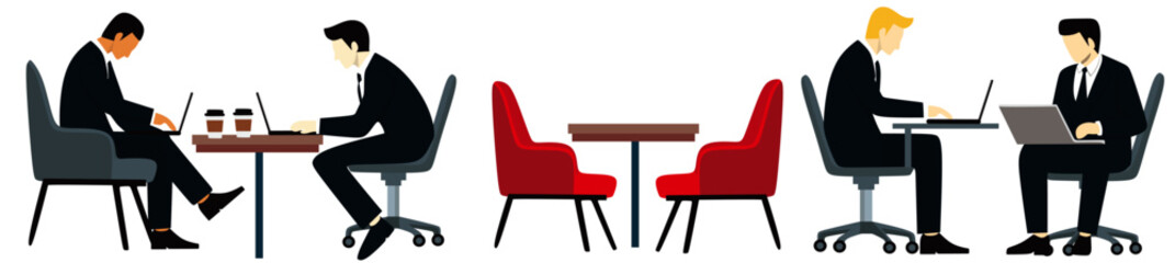 Set of Businessman working on laptop vector illustration. Office Worker, Busy Business Man Working on Laptop Sitting at Table Workplace Thinking of Task. Working place. employees.