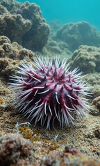 Close-up of a sea urchin on the ocean floor surrounded by rocks. Underwater marine life photography. Ocean ecosystem and biodiversity conservation concept. World Aquatic Animal Day.