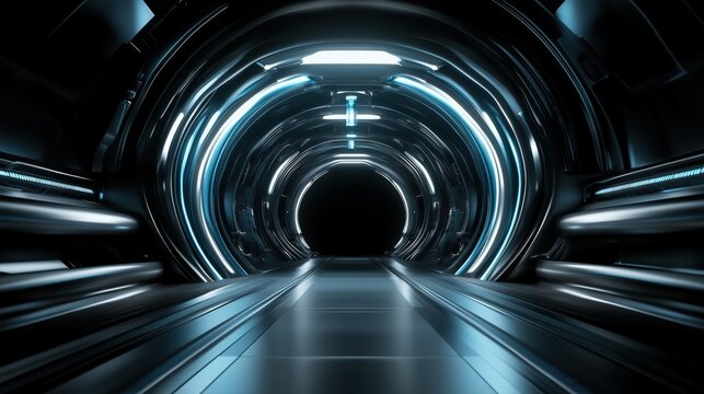 Futuristic glowing blue tunnel with circular patterns. sci-fi concepts, digital architecture and virtual environments