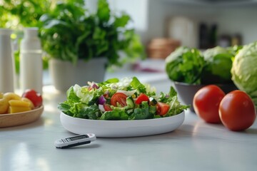 A glucometer and a fresh salad on a table. Featuring healthy living and diabetes care
