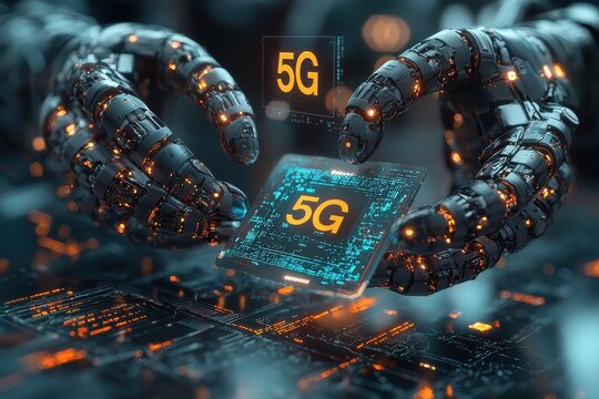 Futuristic robotic arms holding a glowing 5G microchip in digital setting