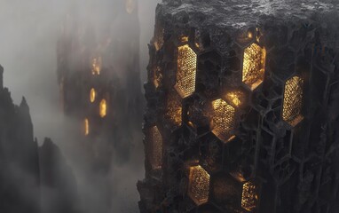 Massive, dark cubic structures with glowing honeycomb openings, emerging from a misty and mysterious landscape.