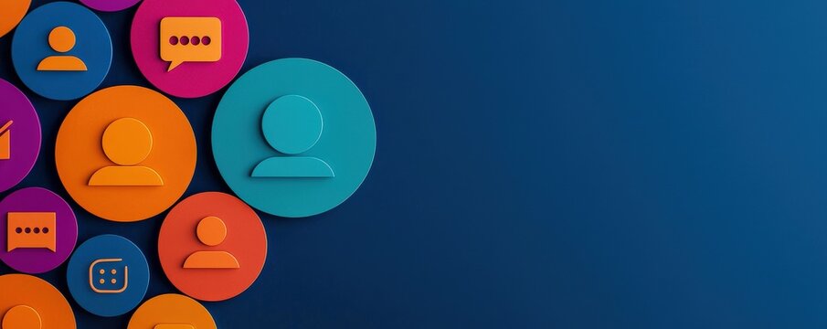 Customer experience interaction data concept. Colorful communication icons on a blue background.