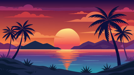 Stunning Sunset Over Tropical Island Serene Ocean View Digital Artwork Tranquil Environment Vibrant Colors
