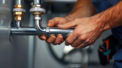 Hands of Plumber Connecting Shiny Metal Pipe Components