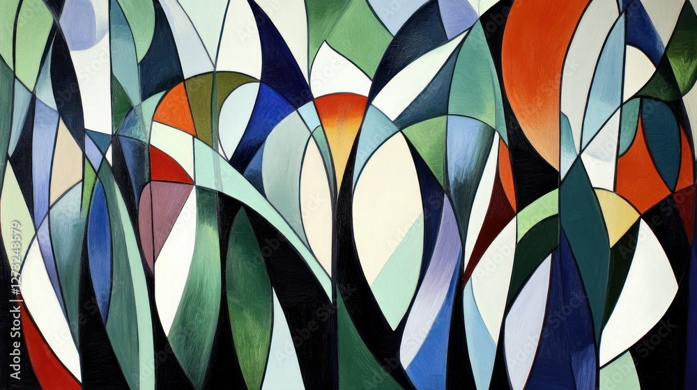 Poster Abstract painting features interconnected colorful shapes with dark outlining