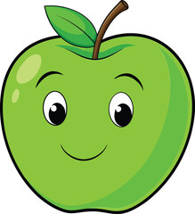 Green apple cartoon vector illustration with a playful face, vibrant design, featuring a cute and fresh look, perfect for fruit-themed artwork, educational materials, and healthy concepts.