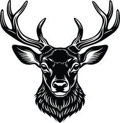 Naklejka premium Deer head silhouette vector illustration on a white background, perfect for wildlife, nature, and animal-themed designs, offering a bold and minimalist representation of a deer.
