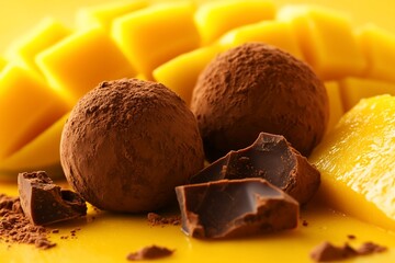 Two dark chocolate truffles dusted with cocoa powder, next to fresh mango slices on a yellow background.