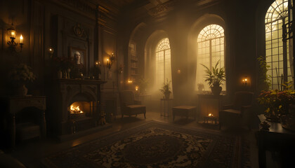 Mysterious Victorian Living Room, Foggy Sunset - Dark Academia