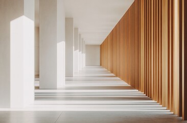 Obraz premium Sunlit minimalist corridor with white columns and wood paneling.