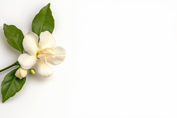 Obraz premium Delicate Cream Flower With Lush Green Leaves On White Background