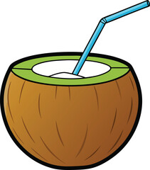 Half coconut with straw vector illustration isolated on white background, perfect for tropical drinks, summer themes, beach designs, organic food, and exotic branding.


