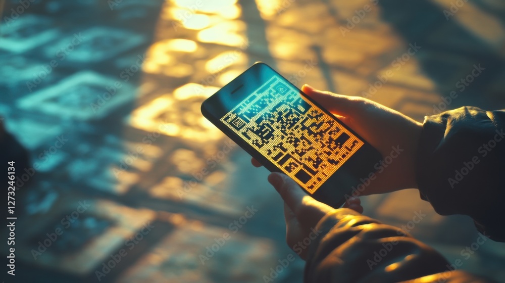 Wall mural qr code scanning with a mobile phone. featuring quick access to digital services