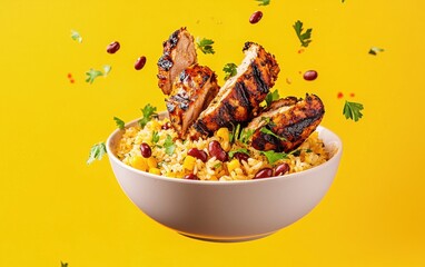 Levitating bowl of Caribbean jerk chicken with rice and beans, isolated on a bright background
