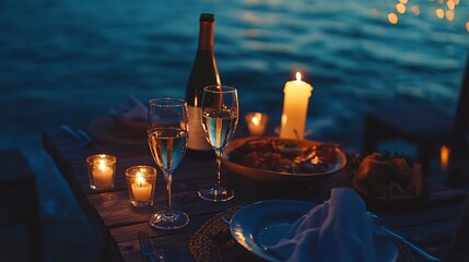 Naklejka premium Romantic beach dinner with wine, candles, and seafood.