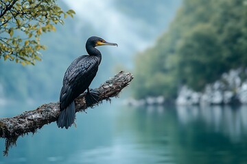 Obraz premium Cormorant perched on a branch overlooking a serene lake and misty mountains.