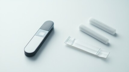 A glucose meter and test strip laid out neatly on a surface. Featuring health awareness and self-monitoring
