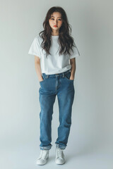 白いTシャツを着たかわいい日本人女性