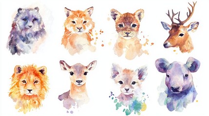 Fototapeta premium A set of watercolor-painted animals in a soft, artistic design
