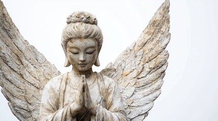 Fototapeta premium A Shinto angelic being with celestial wings, representing a spiritual protector and messenger of divine energy, on a white background.