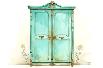 Vintage charm meets modern artistry in this exquisite watercolor design of an antique teal armoire