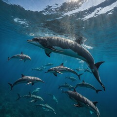 Fototapeta premium A fish playing with dolphins in the open sea.