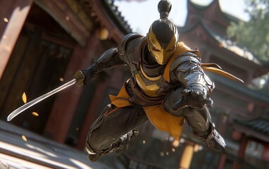 A masked warrior in dynamic motion, wearing black and gold armor with a sword, leaping forward in a traditional Asian architectural setting. A video game character.