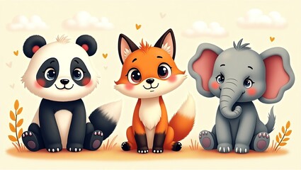 Vibrant Cartoon Animals: Pandas, Foxes, and Elephants with Endearing Personalities