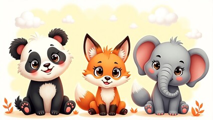 Whimsical Cartoon Animals with Shimmering Eyes in Playful Style