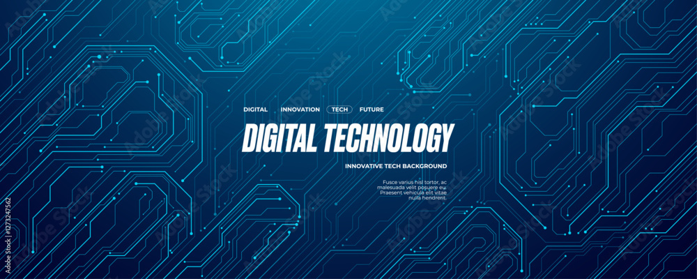 Poster Futuristic circuit board wires in light blue on dark navy technology background. Artificial Intelligence banner concept. Abstract AI tech bg. Digital line pattern. Computer Vector illustration.