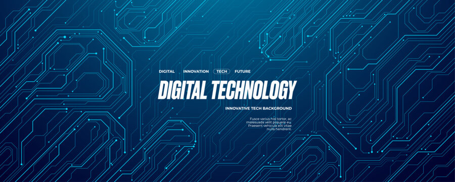 Futuristic circuit board wires in light blue on dark navy technology background. Artificial Intelligence banner concept. Abstract AI tech bg. Digital line pattern. Computer Vector illustration.