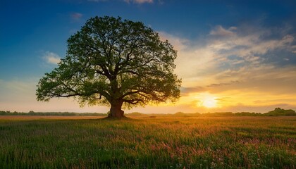 Big old tree in middle of the field at sunset 