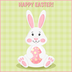 Easter greeting card with cute bunny and pink egg on a light green background. Happy Easter greeting card.