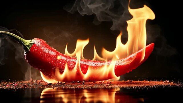 Fiery chili pepper ignites with flames and smoke in a dramatic culinary display