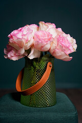 delicate pink roses, flowers, spring flowers, bouquet, green vase, flowers in a vase