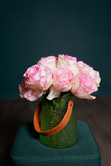 delicate pink roses, flowers, spring flowers, bouquet, green vase, flowers in a vase