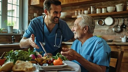 Caregiver joyfully serves a healthy meal to elderly man in a warm kitchen filled with fresh ingredients and a friendly vibe