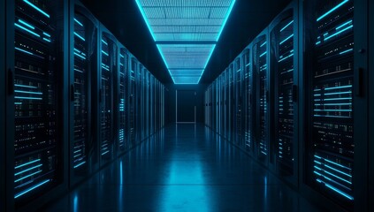 Dark server room corridor lit by blue light