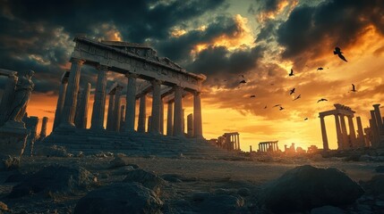 Obraz premium Sunset over ancient Greek ruins, birds flying, dramatic sky, historical travel