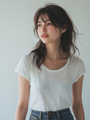 Fototapeta premium 白いTシャツを着たきれいな日本人女性