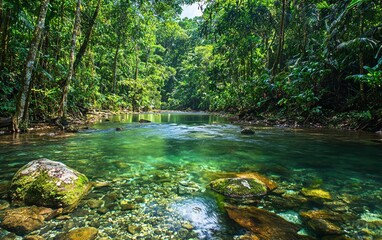 Obraz premium A crystal-clear river flowing through a dense, tropical jungle