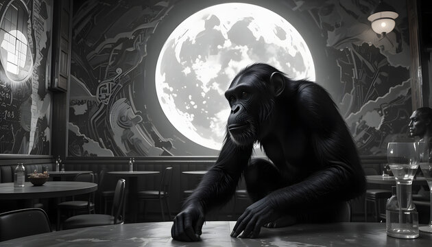 Chimpanzee in Moonlit Bar, Black & White - Monochrome Photography