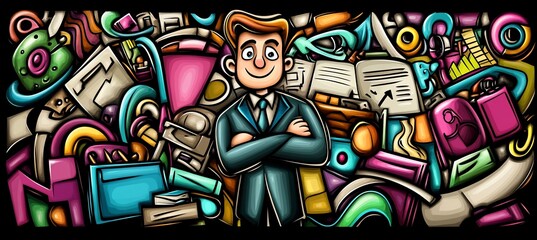 Obraz premium Happy businessman amidst colorful business doodles.