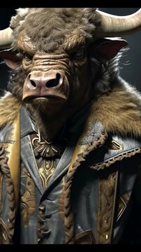 A Wild West-Inspired Bull Animal Dressed in Classic Cowboy Attire with a Hat
