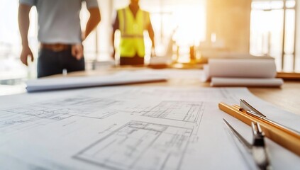Architectural blueprints spread on a table with drafting tools, two construction workers blurred in background.